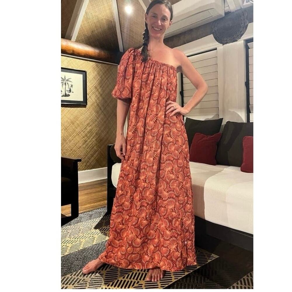LOBOROSA Red Beige Shell Print One Shoulder Valeria Maxi Dress Size Small - Picture 11 of 11
